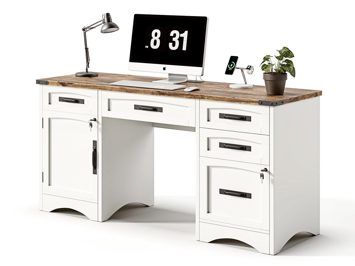 White Wood Executive Desk with Drawers and File Cabinet I817