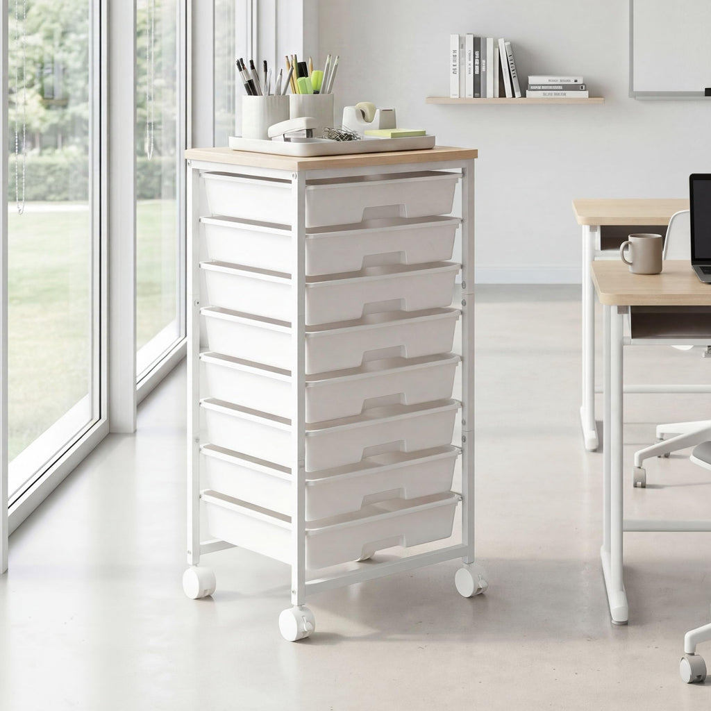 8 Drawer Rolling Storage Cart with Wooden Tabletop E595109