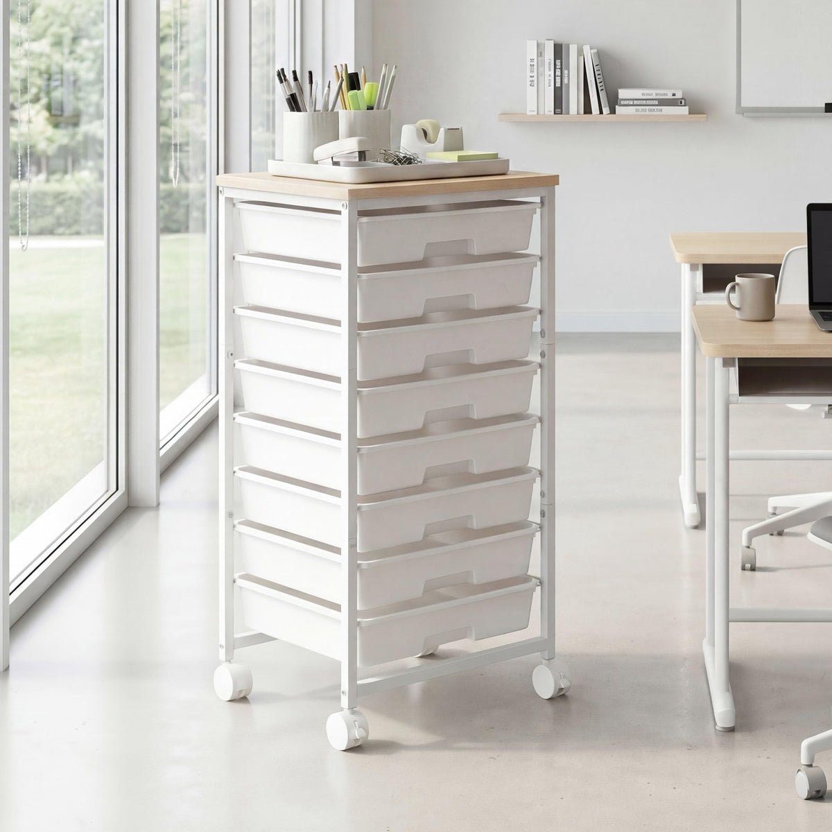 8 Drawer Rolling Storage Cart with Wooden Tabletop E595109