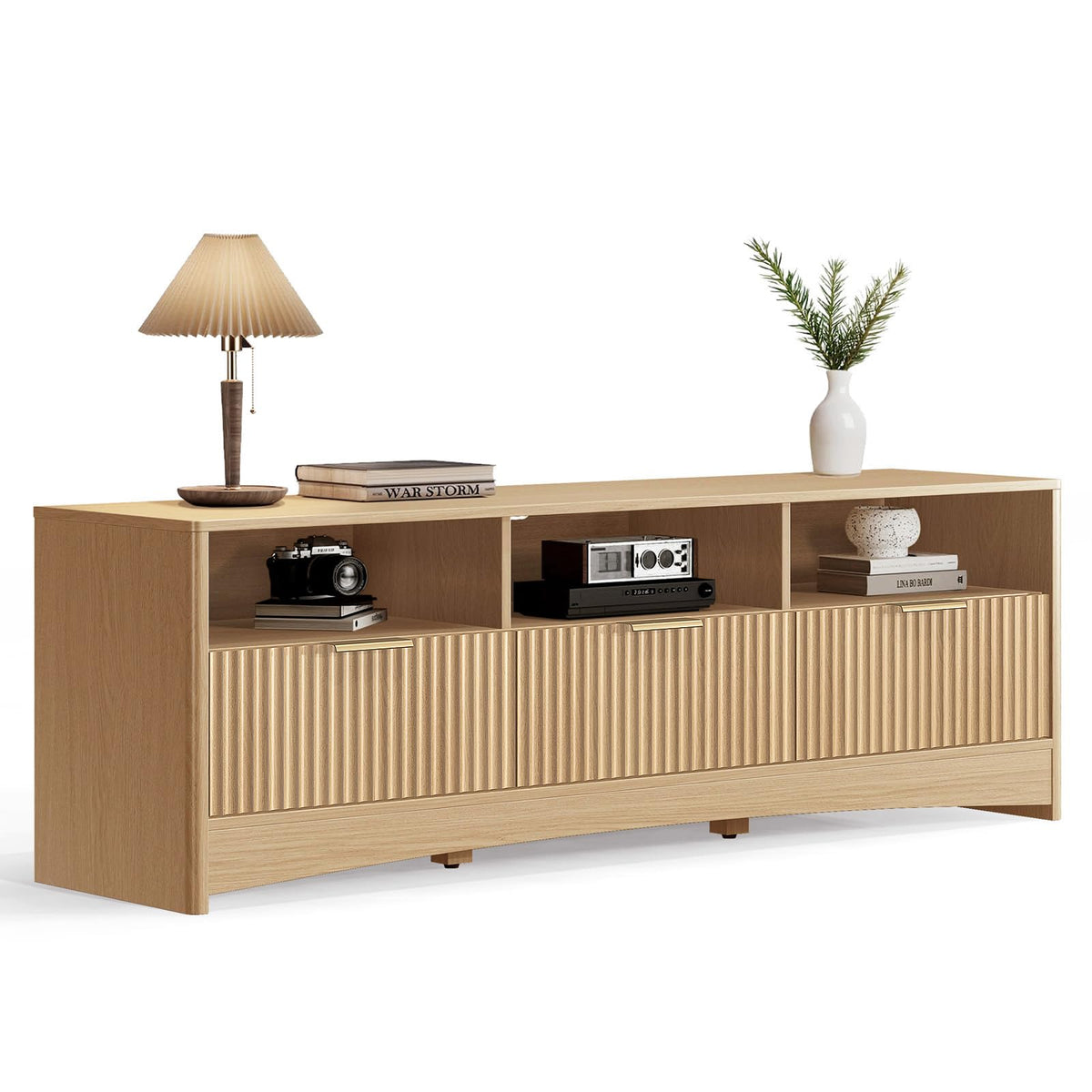 59″ Wide 3 Drawer TV Stand with Open Shelves, Natural Oak O786