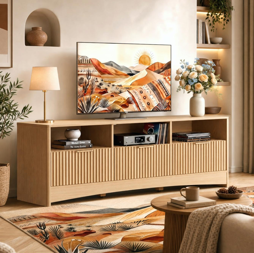 59″ Wide 3 Drawer TV Stand with Open Shelves, Natural Oak O786