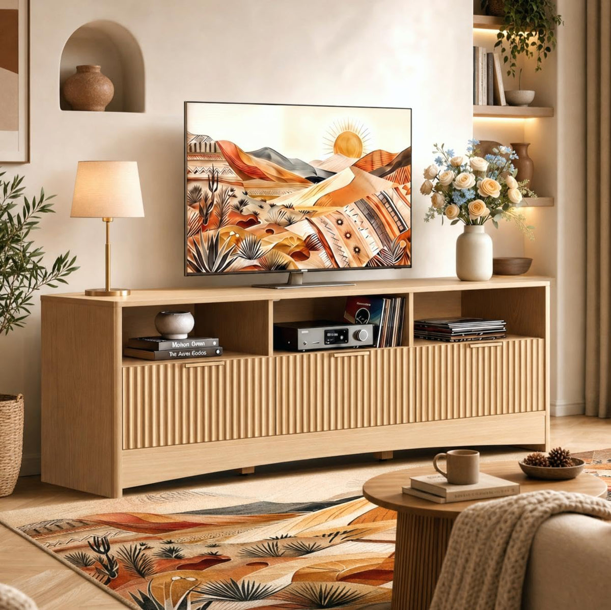 59″ Wide 3 Drawer TV Stand with Open Shelves, Natural Oak O786