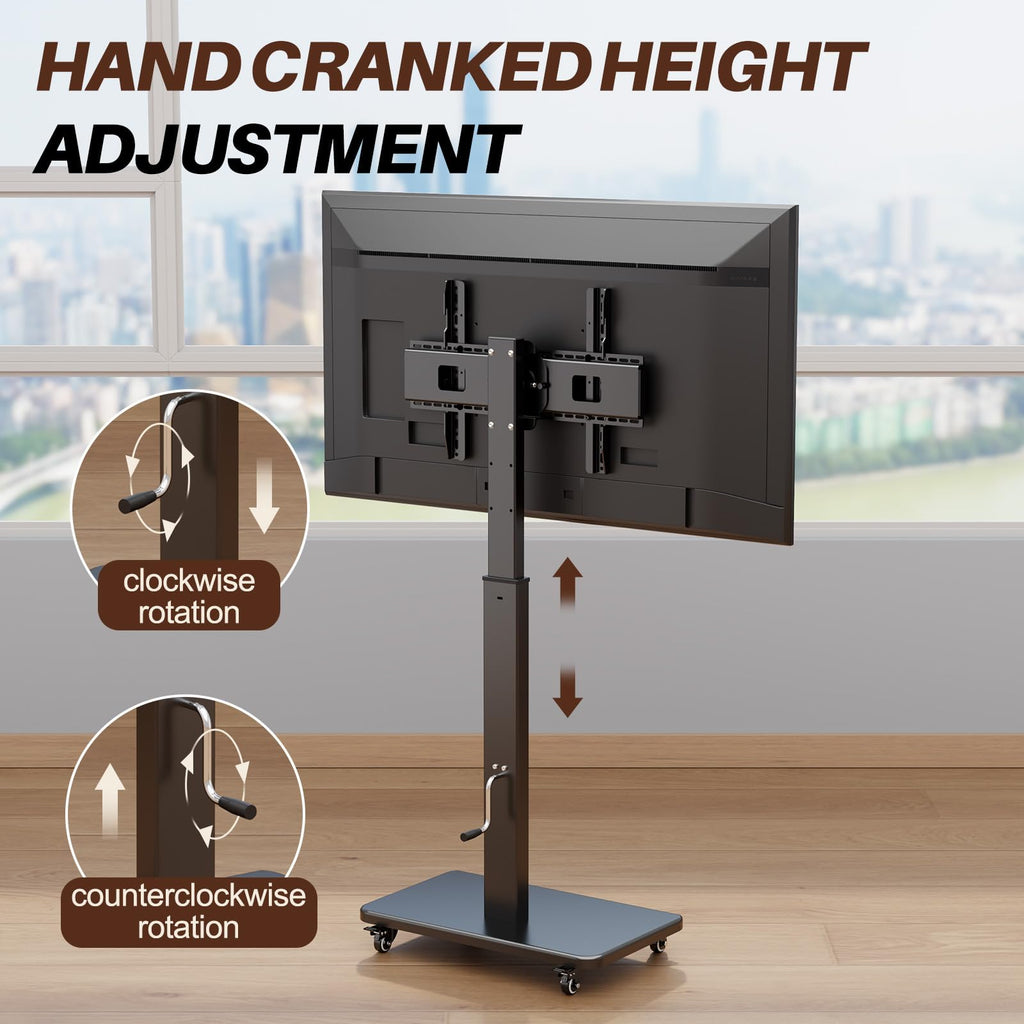 Mobile TV Stand on Wheels with 90° Swivel, Hand Crank Adjustable Height, for 42 to 75 inch TVs up to 110 lbs (Black) O940