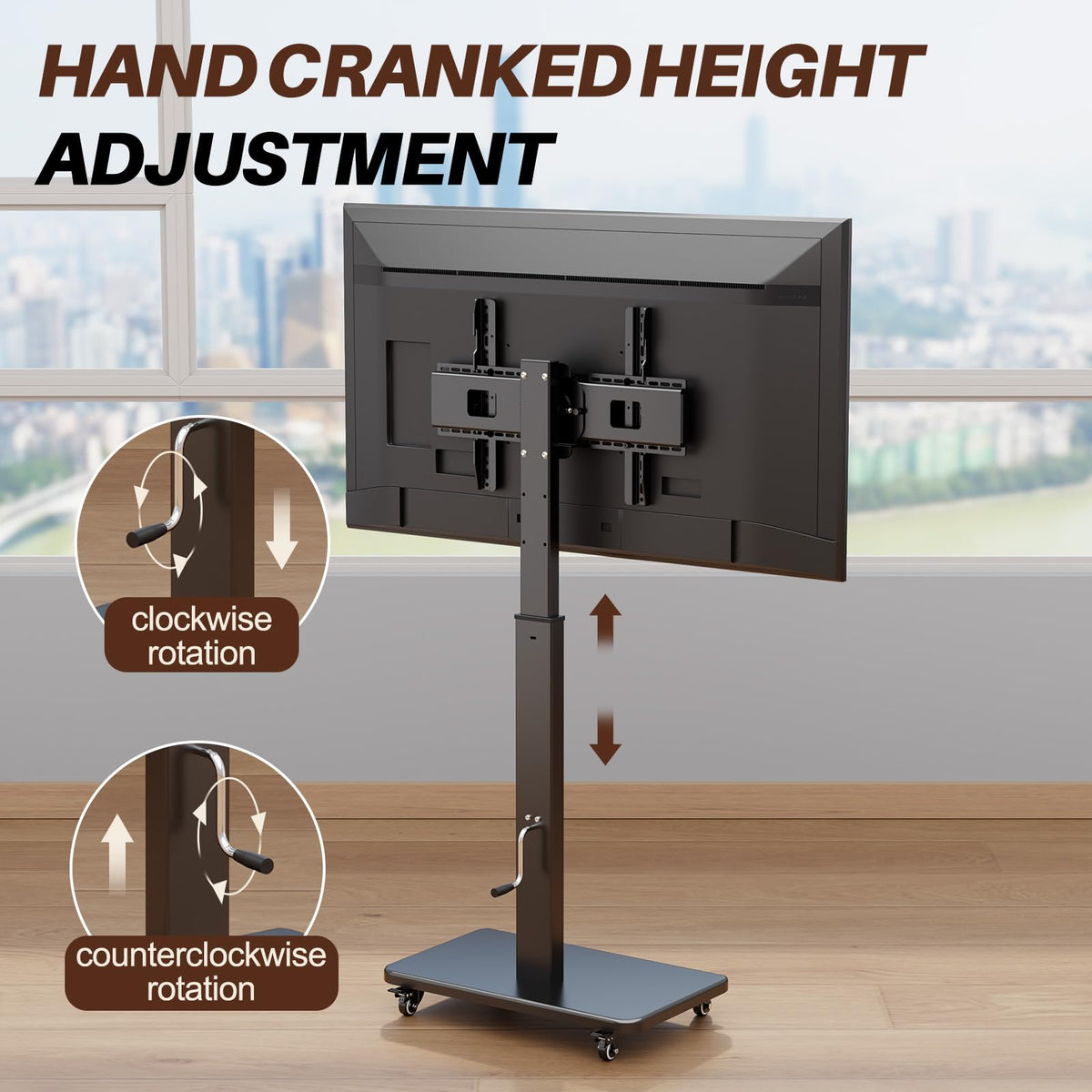 Mobile TV Stand on Wheels with 90° Swivel, Hand Crank Adjustable Height, for 42 to 75 inch TVs up to 110 lbs (Black) O940