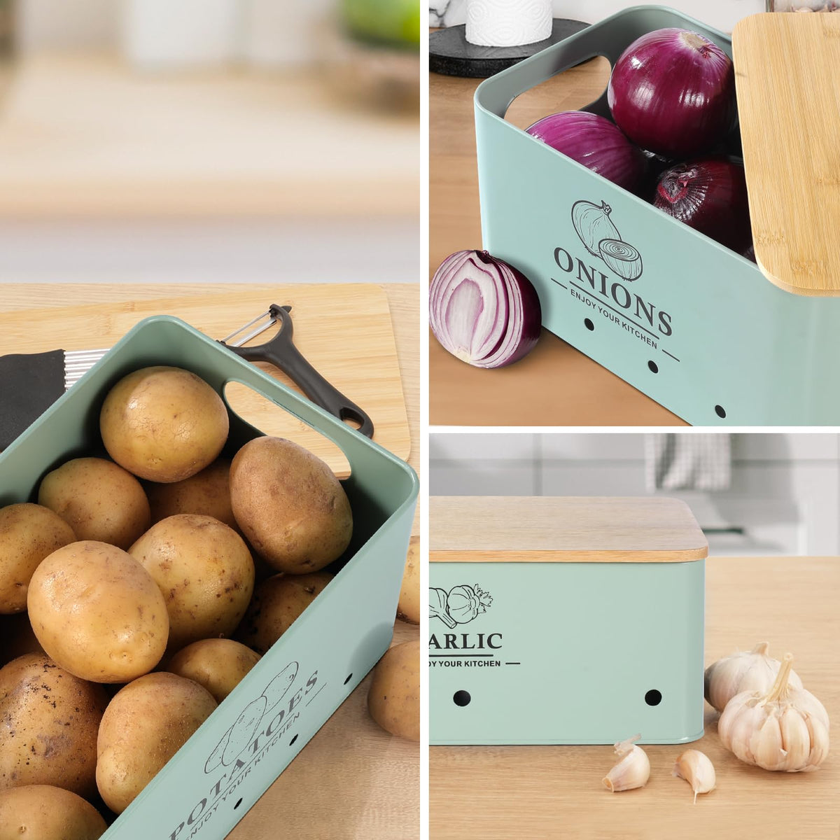 Metal Vegetable Storage Set of 3 with Aerating Holes and Bamboo Lid V3833