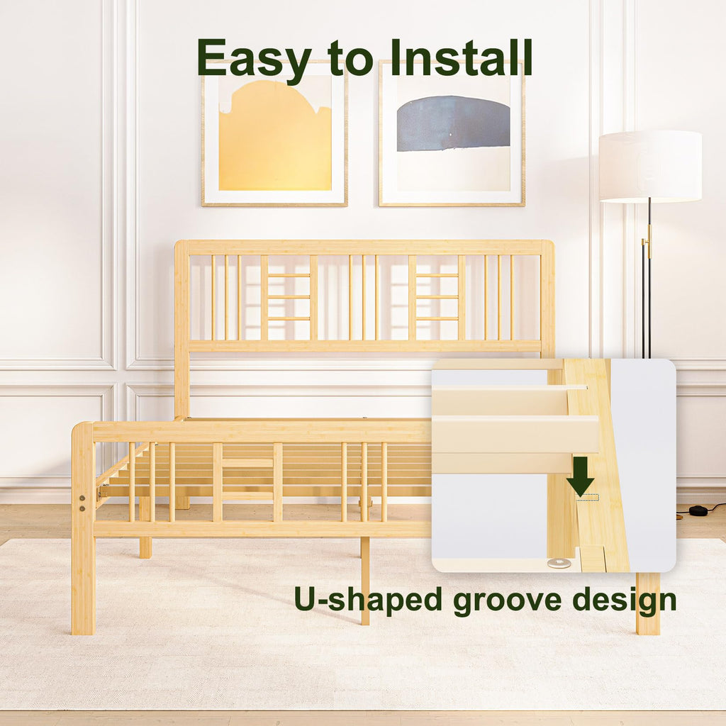 14 Inch Solid Bamboo Wood Full Size Platform Bed Frame with Headboard I129
