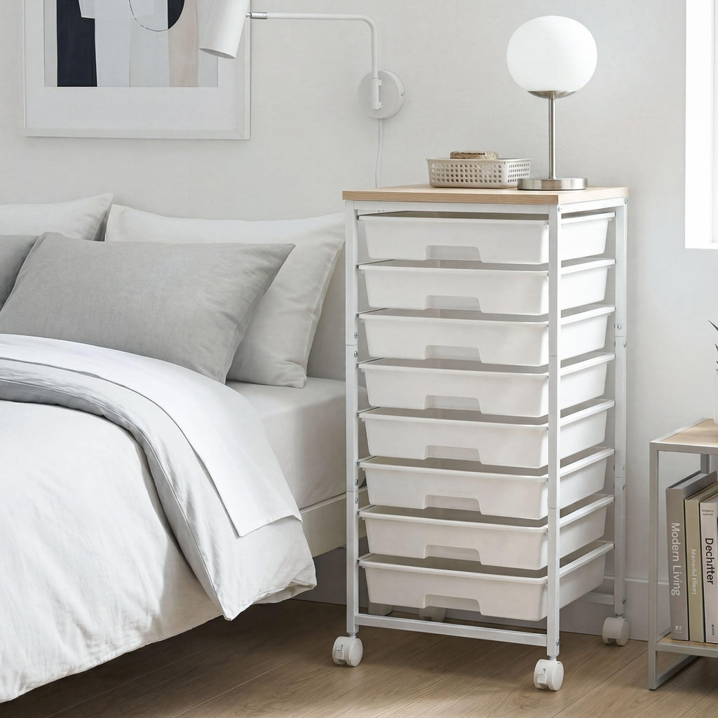 8 Drawer Rolling Storage Cart with Wooden Tabletop E595109