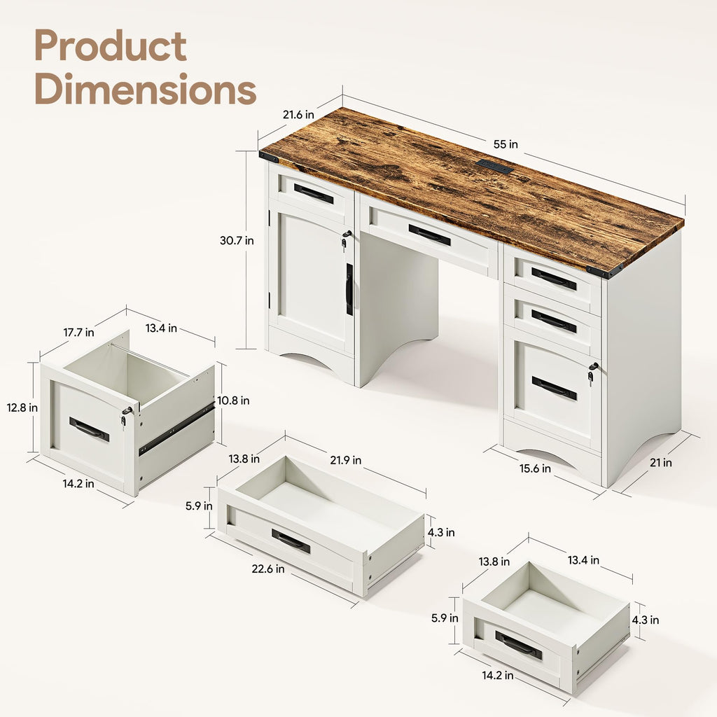 White Wood Executive Desk with Drawers and File Cabinet I817