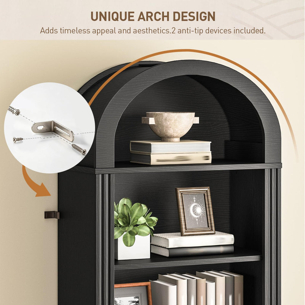 75.8" Tall Narrow 6-Tier Arched Wooden Bookshelf, Black D61473