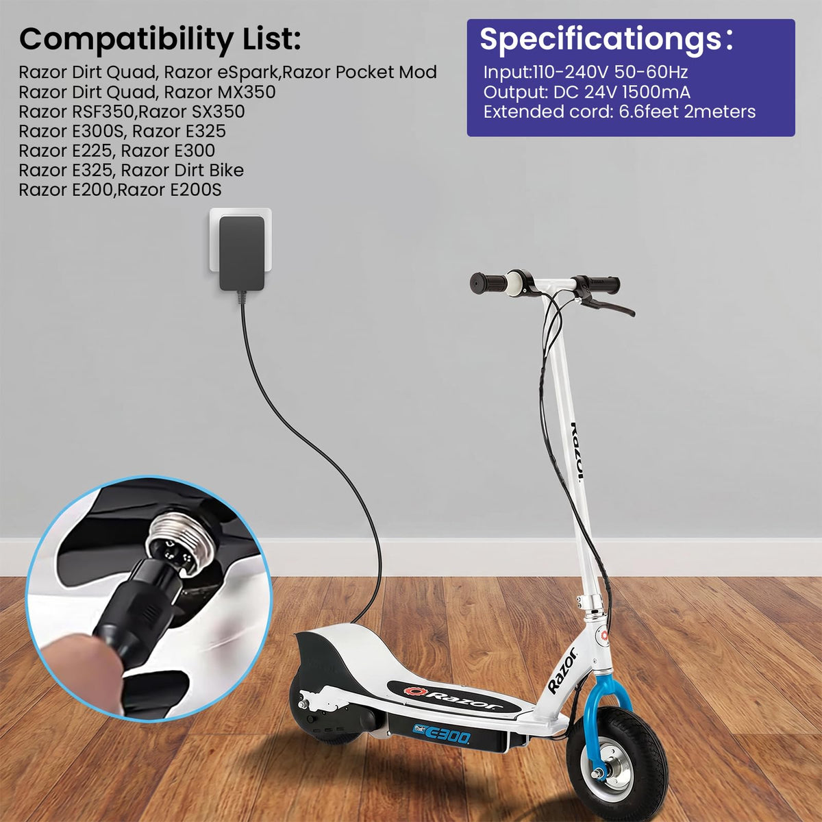 24V Electric Scooter Charger 3-Prong Inline Female Power Cord W422801
