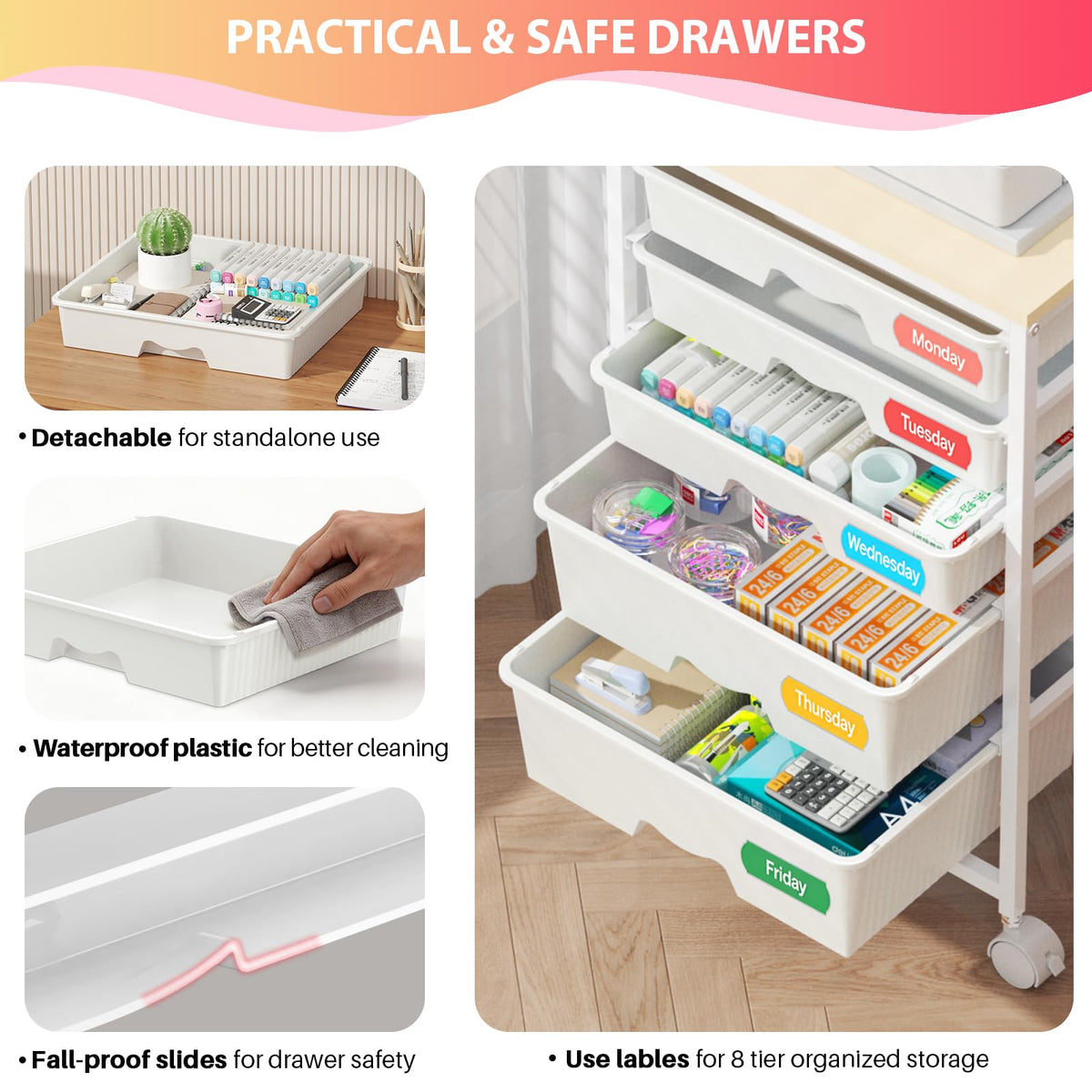 White Rolling Cart with 5 Drawers F5462