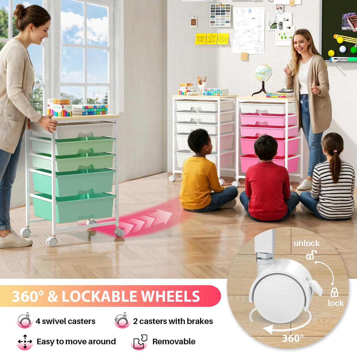 White Rolling Cart with 5 Drawers F5462