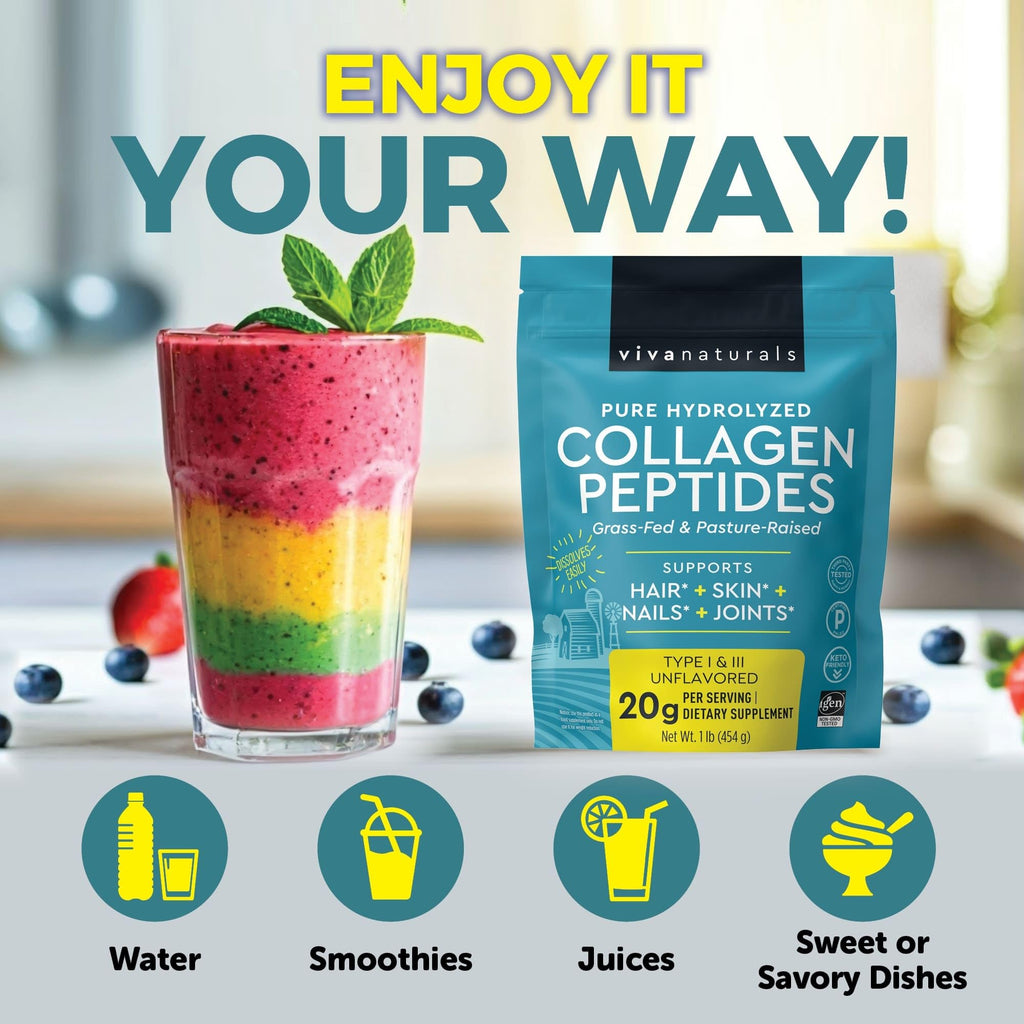 Collagen Peptides Powder - Grass-Fed Hydrolyzed Bovine, Type I & III - 19 g Protein, Unflavored - 1lb S957