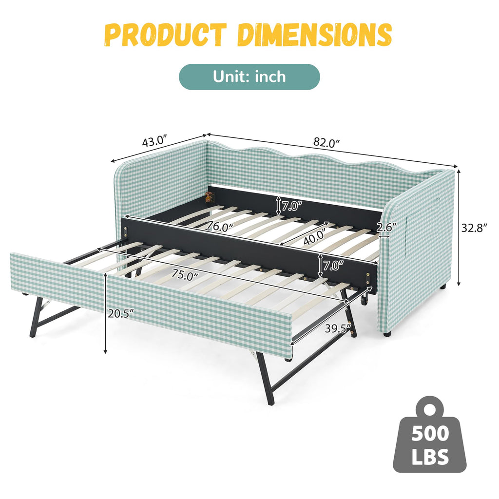 Twin Size Gingham Daybed with Trundle and Side Storage Pockets U20396