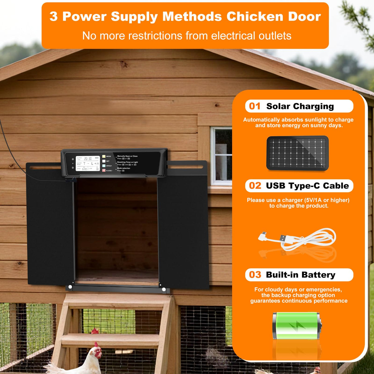 Automatic Chicken Coop Door Solar Powered with Timer & Light Sensor L175276