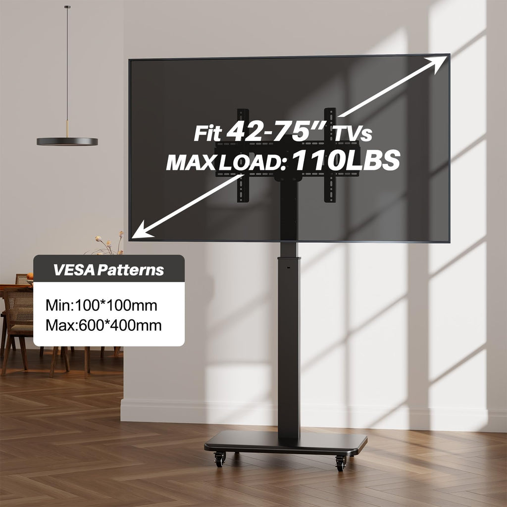 Mobile TV Stand on Wheels with 90° Swivel, Hand Crank Adjustable Height, for 42 to 75 inch TVs up to 110 lbs (Black) O940