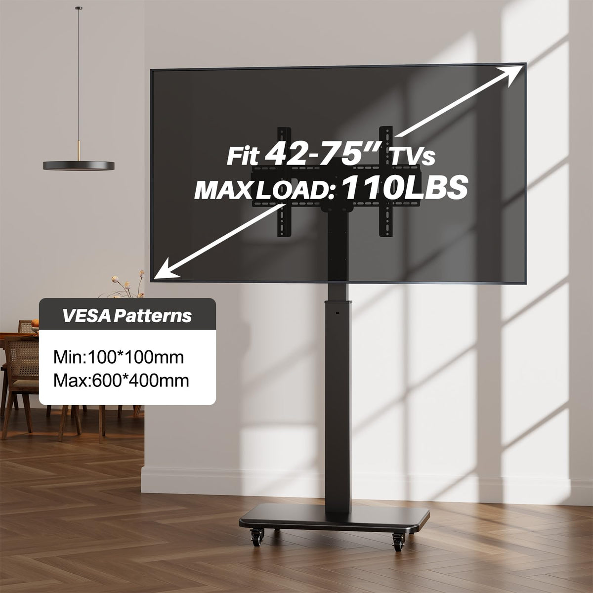 Mobile TV Stand on Wheels with 90° Swivel, Hand Crank Adjustable Height, for 42 to 75 inch TVs up to 110 lbs (Black) O940