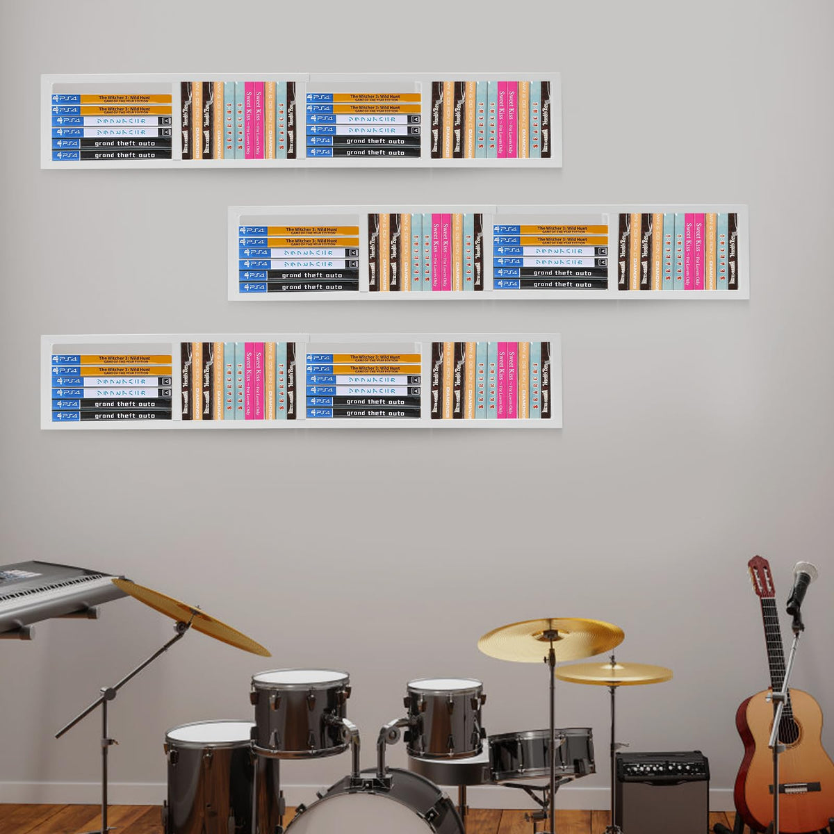 34 Inch Wall Mount Media Storage Rack, 3 pcs CD DVD Organizer Metal Shelf, White L278