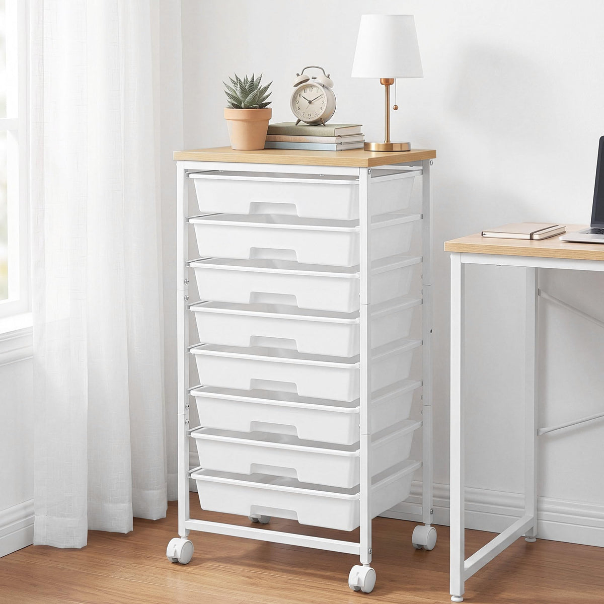 8 Drawer Rolling Storage Cart with Wooden Tabletop E595109