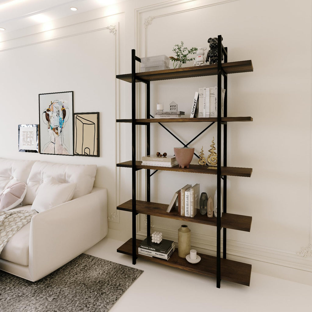 5 Tiers Rustic Brown and Metal Bookshelf S9781