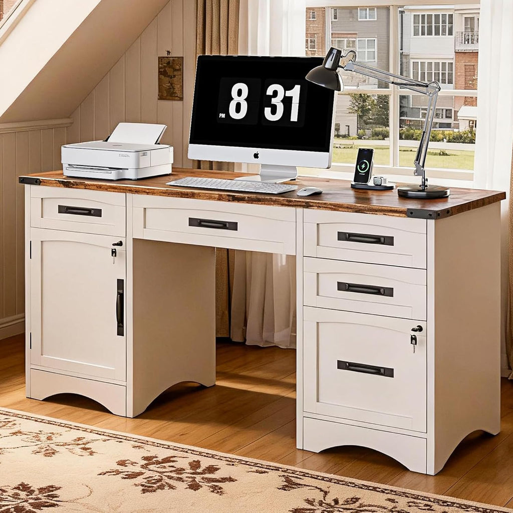 White Wood Executive Desk with Drawers and File Cabinet I817