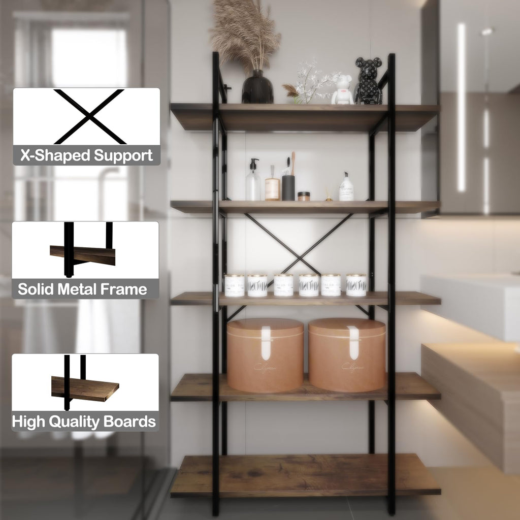 5 Tiers Rustic Brown and Metal Bookshelf S9781