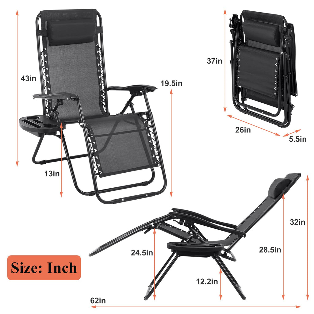 Zero Gravity Chair with Pillow and Cup Holder Trays, Black D861026