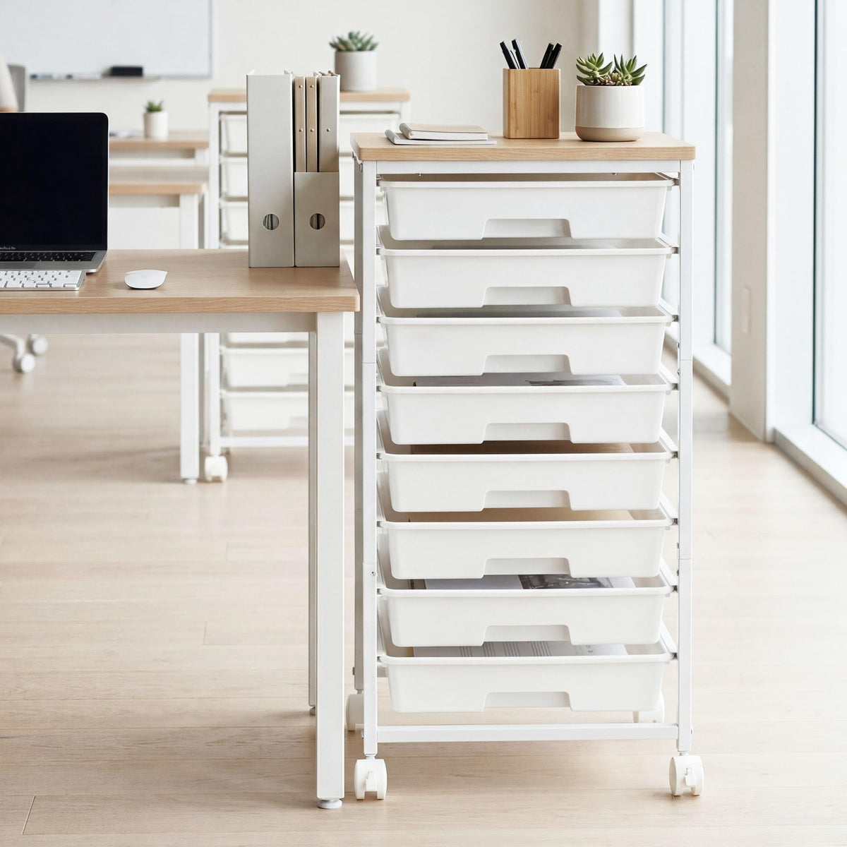 8 Drawer Rolling Storage Cart with Wooden Tabletop E595109