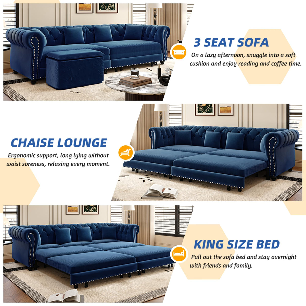 Blue Velvet King Size Sleeper Sofa S234