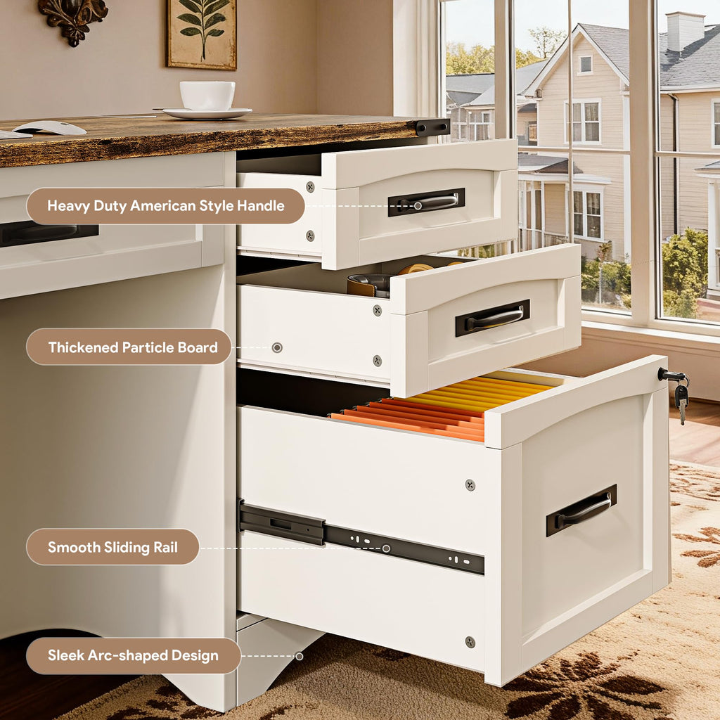 White Wood Executive Desk with Drawers and File Cabinet I817