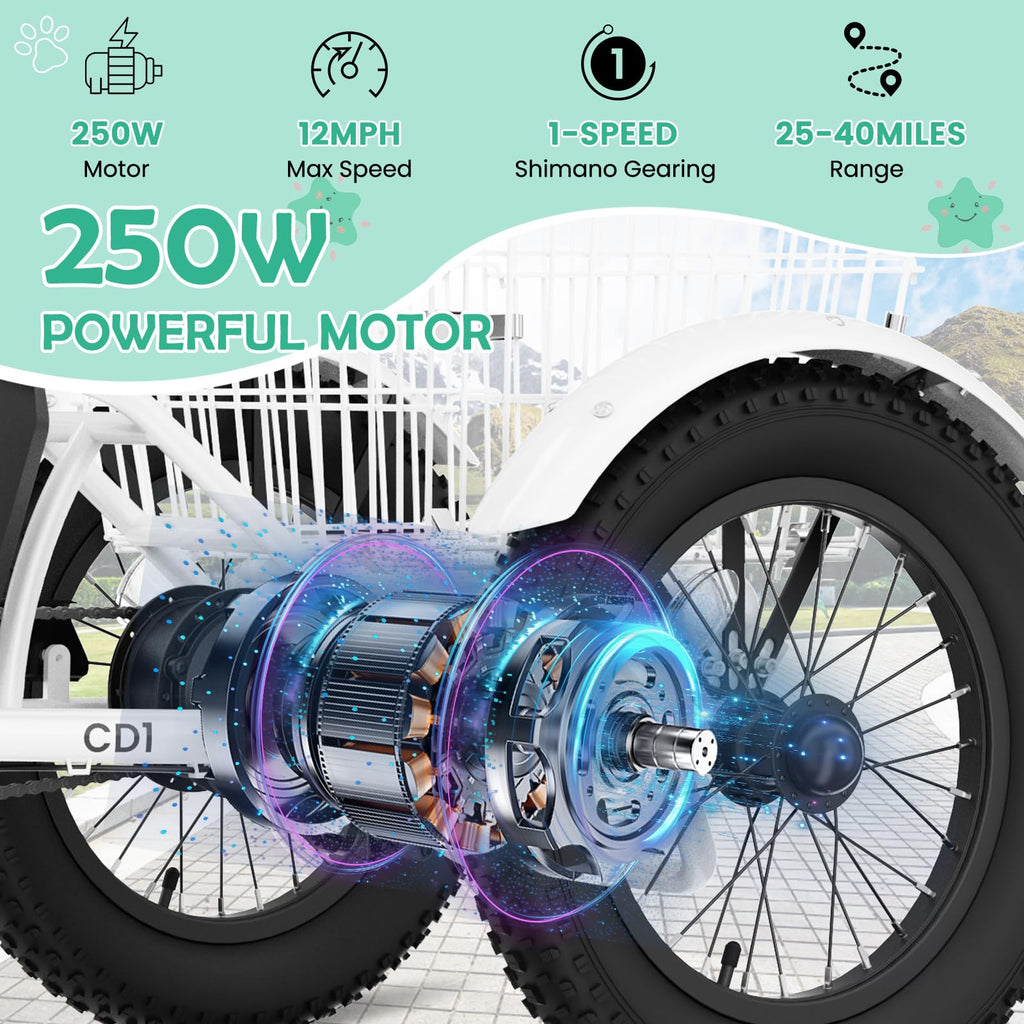 250W 16IN 3 Wheels Electric Tricycle with Removable Battery and Rear Basket U9026