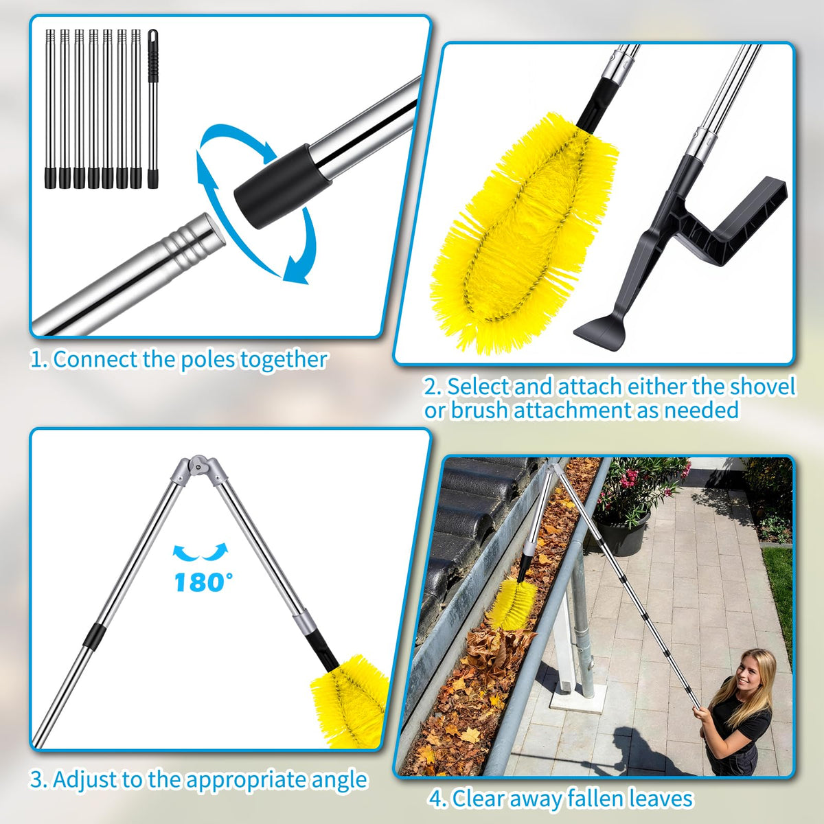 13FT Adjustable Gutter Cleaning Brush Kit with Shovel H3392