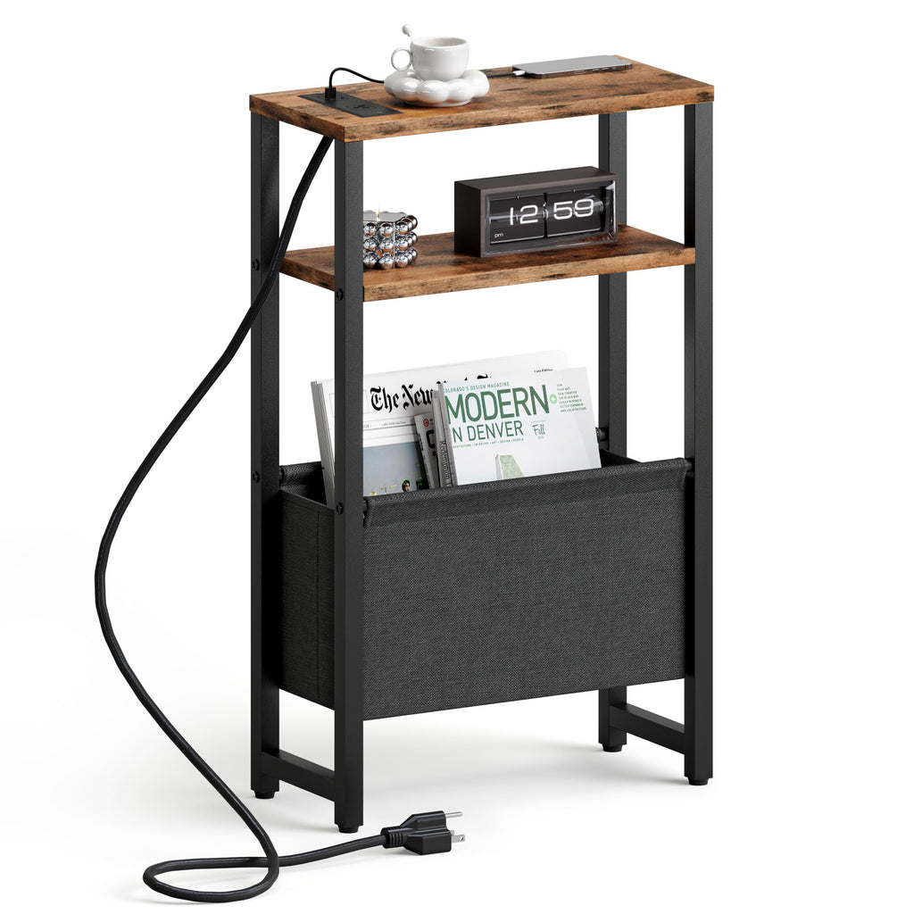 Narrow 3 Tier Side Table with Charging Station and Magazine Rack H298