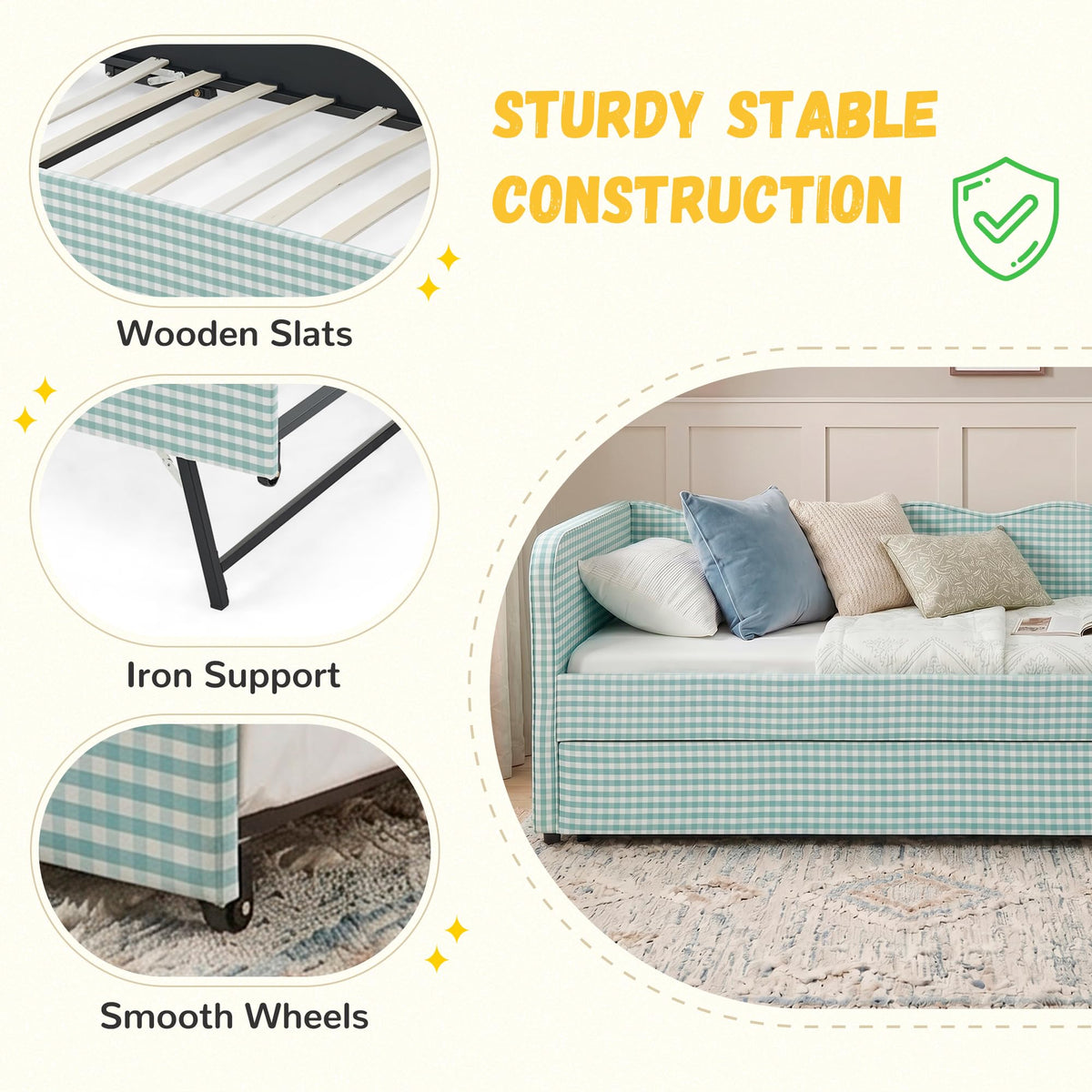 Twin Size Gingham Daybed with Trundle and Side Storage Pockets U20396