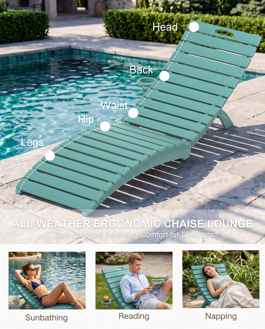 Blue HDPE Pool Chaise Lounge Chairs with Cup Holder, Set of 2 K5061