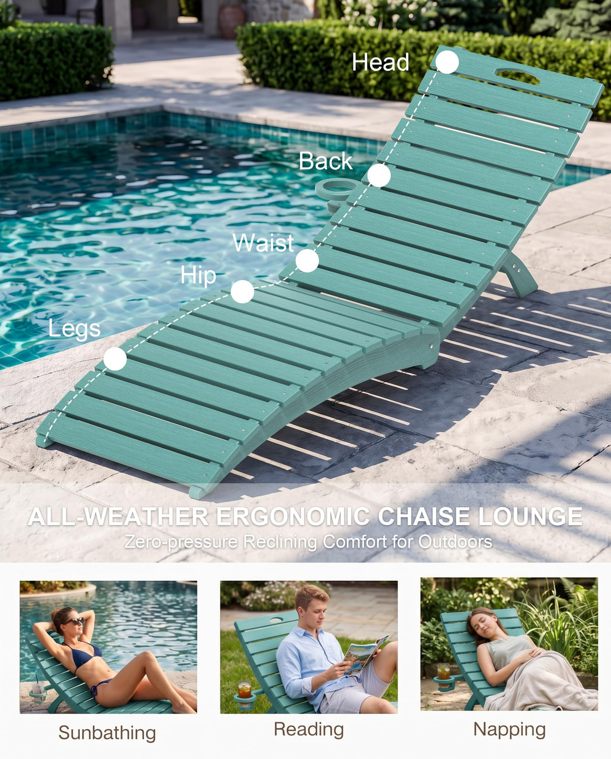 Blue HDPE Pool Chaise Lounge Chairs with Cup Holder, Set of 2 K5061