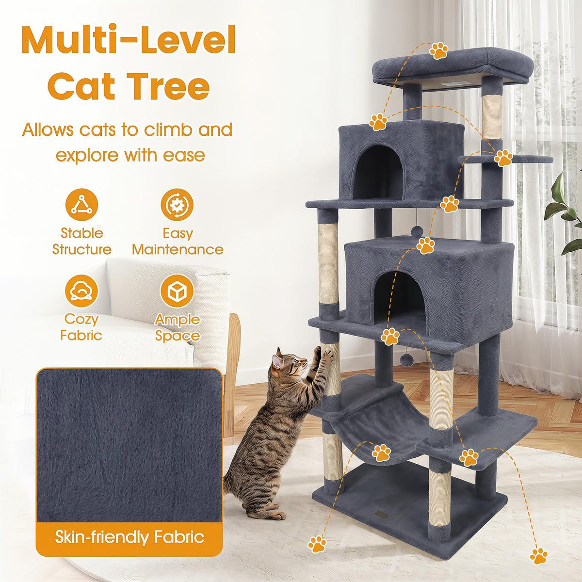 70-inch Multi-Level Cat Tree with Condos and Hammock E1902