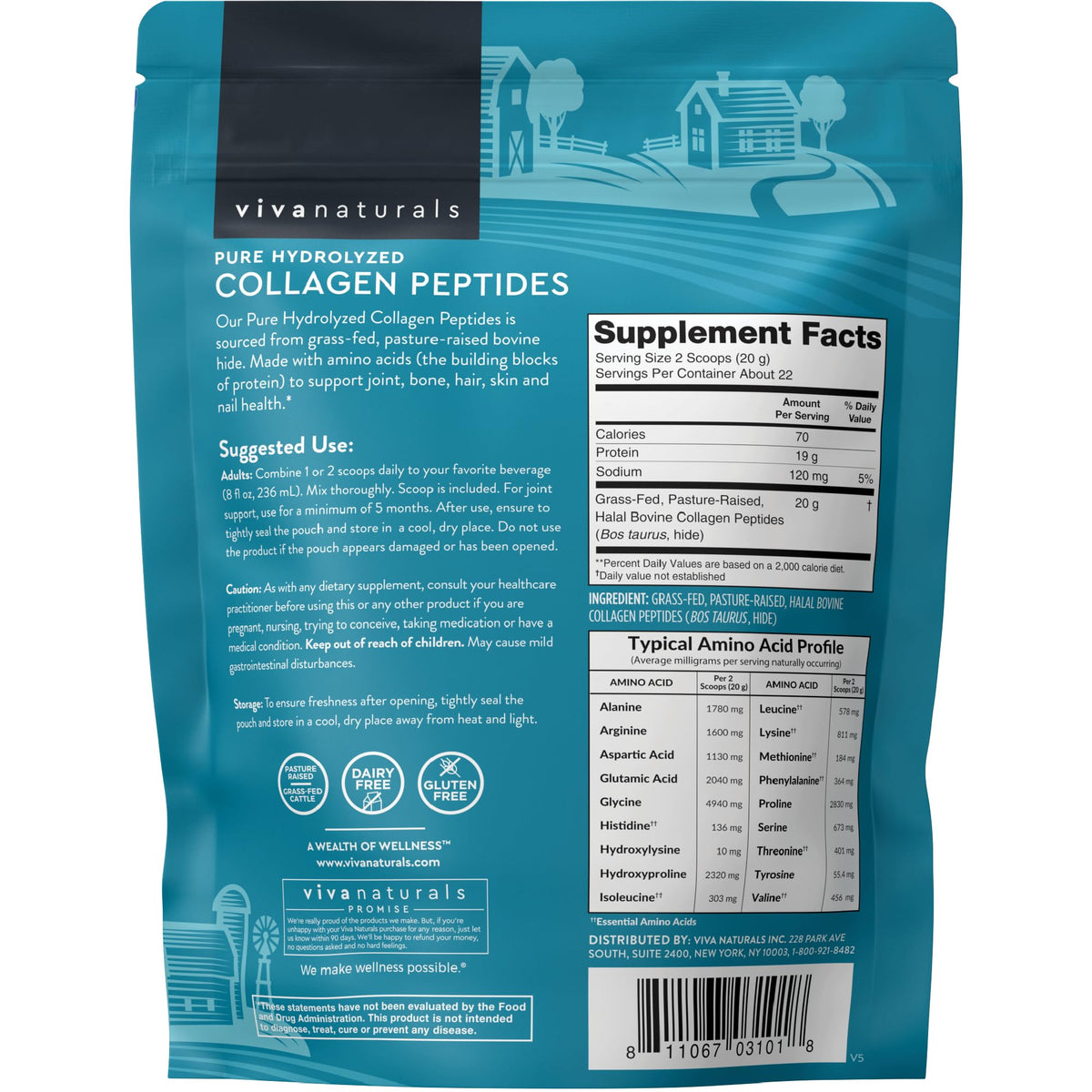 Collagen Peptides Powder - Grass-Fed Hydrolyzed Bovine, Type I & III - 19 g Protein, Unflavored - 1lb S957