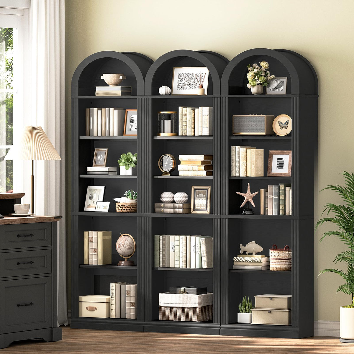 75.8" Tall Narrow 6-Tier Arched Wooden Bookshelf, Black D61473