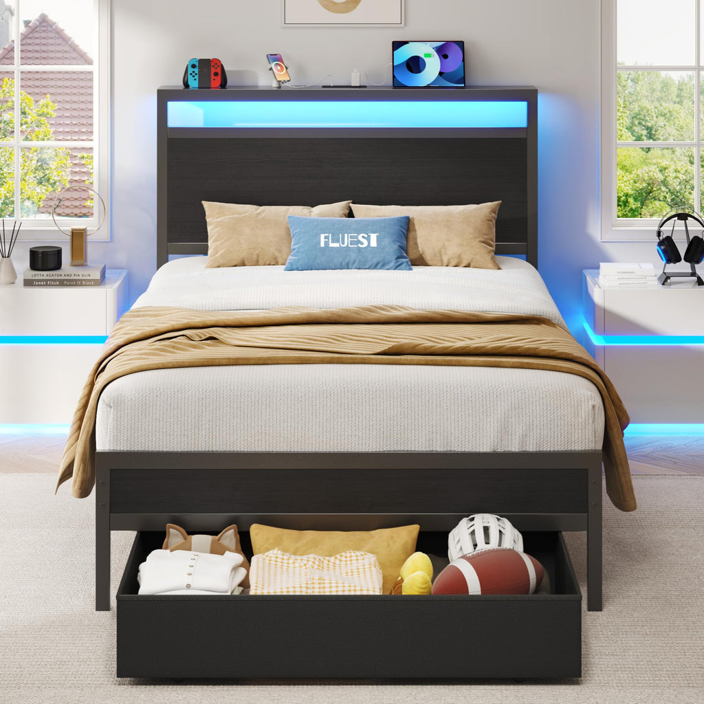 Twin Bed Frame with Storage Headboard & Drawer, Charging Station & LED Light, Black M20520