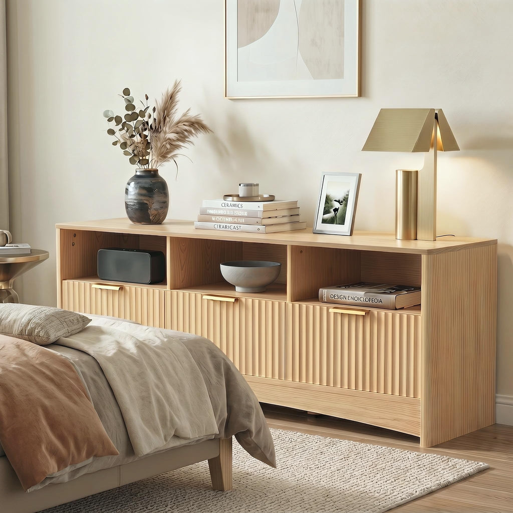 59″ Wide 3 Drawer TV Stand with Open Shelves, Natural Oak O786