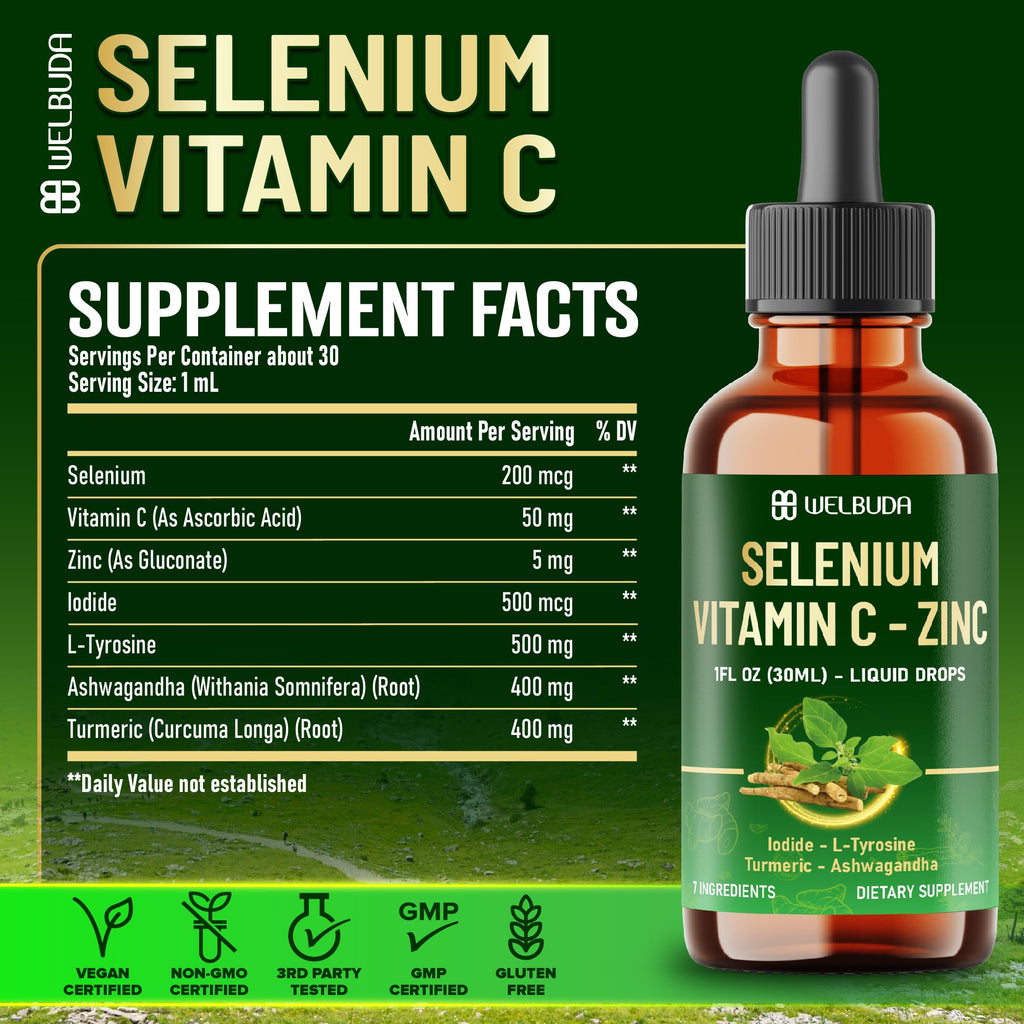 Selenium Liquid Drops with Vitamin C, Zinc, Iodine, L-Tyrosine, Ashwagandha and Turmeric C753159