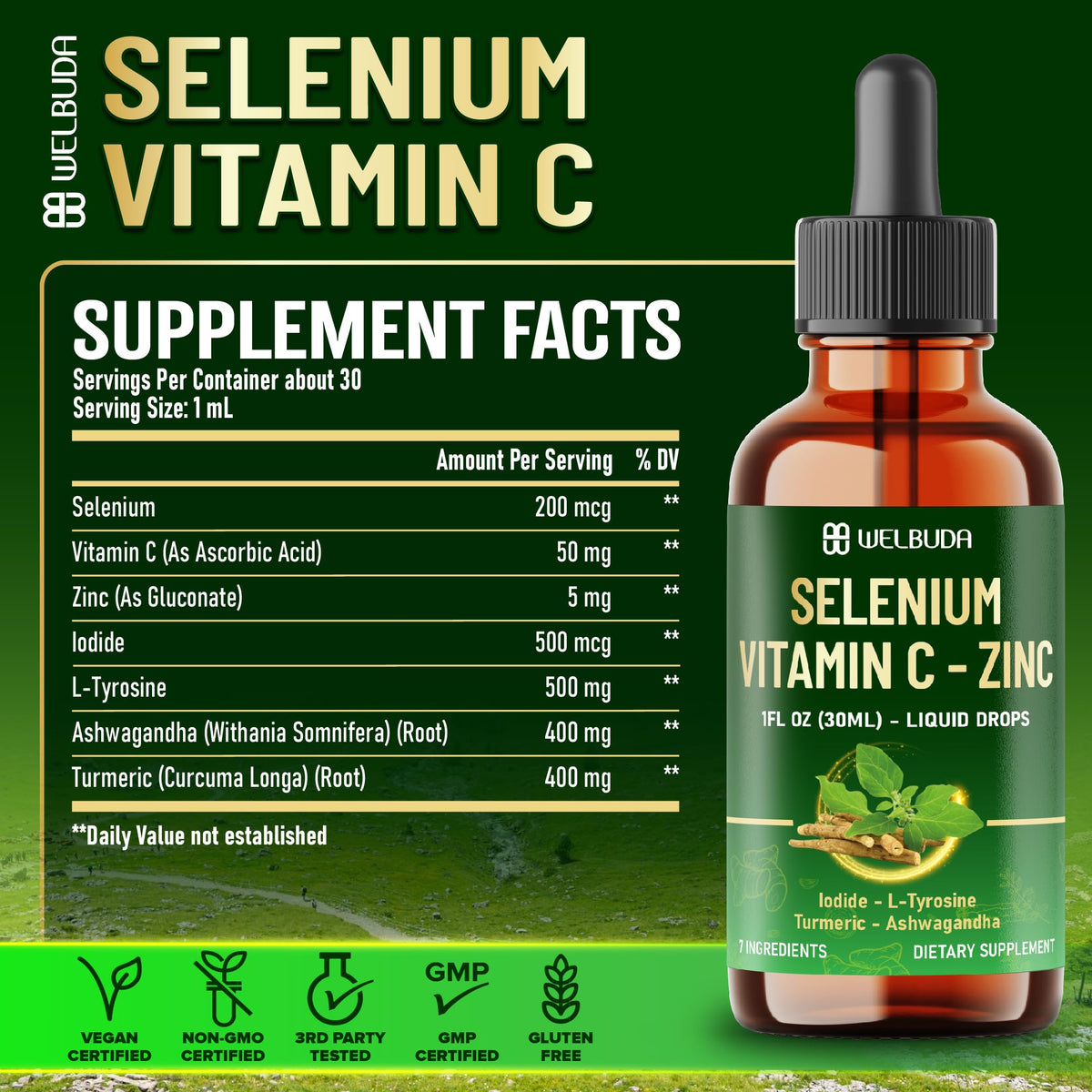 Selenium Liquid Drops with Vitamin C, Zinc, Iodine, L-Tyrosine, Ashwagandha and Turmeric C753159