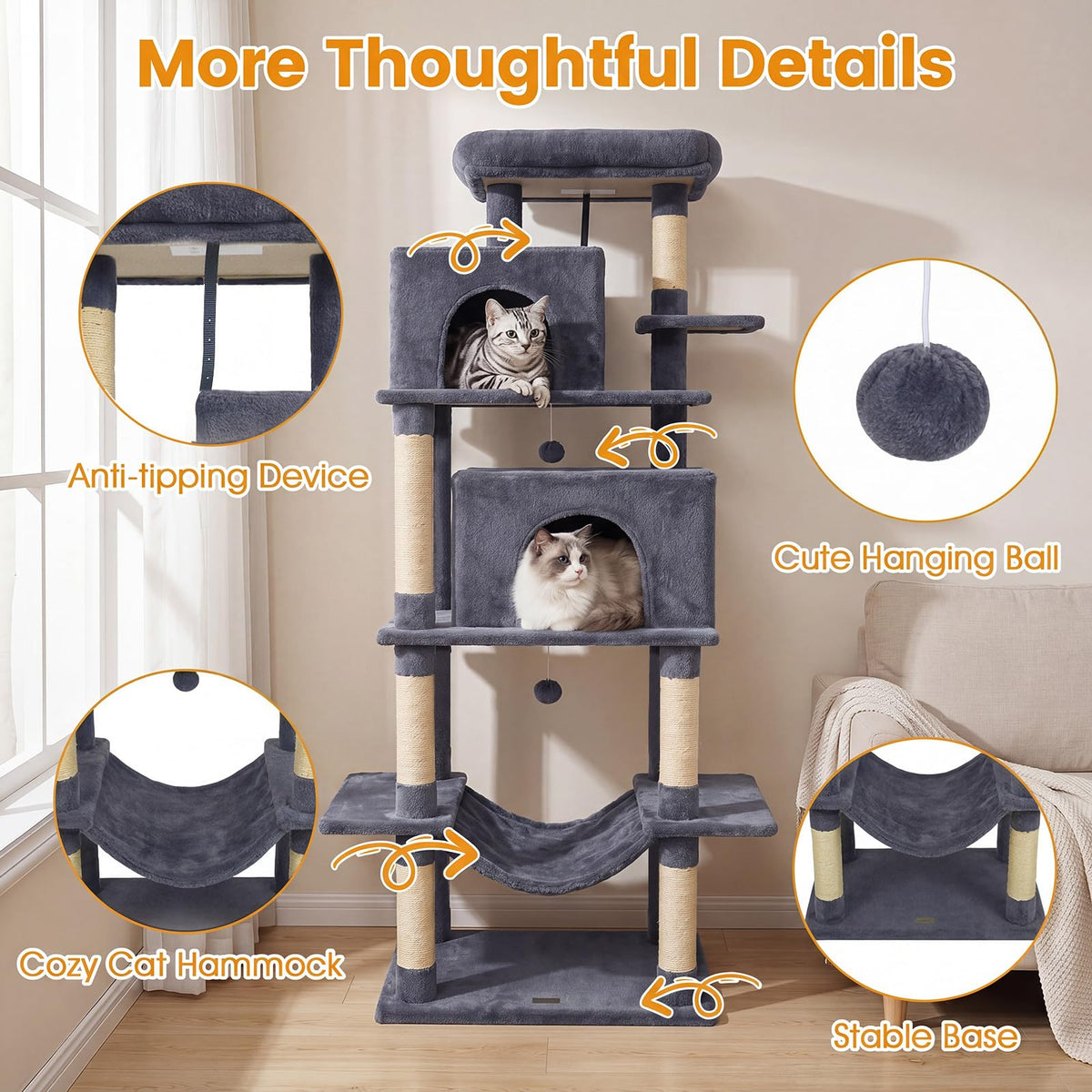 70-inch Multi-Level Cat Tree with Condos and Hammock E1902