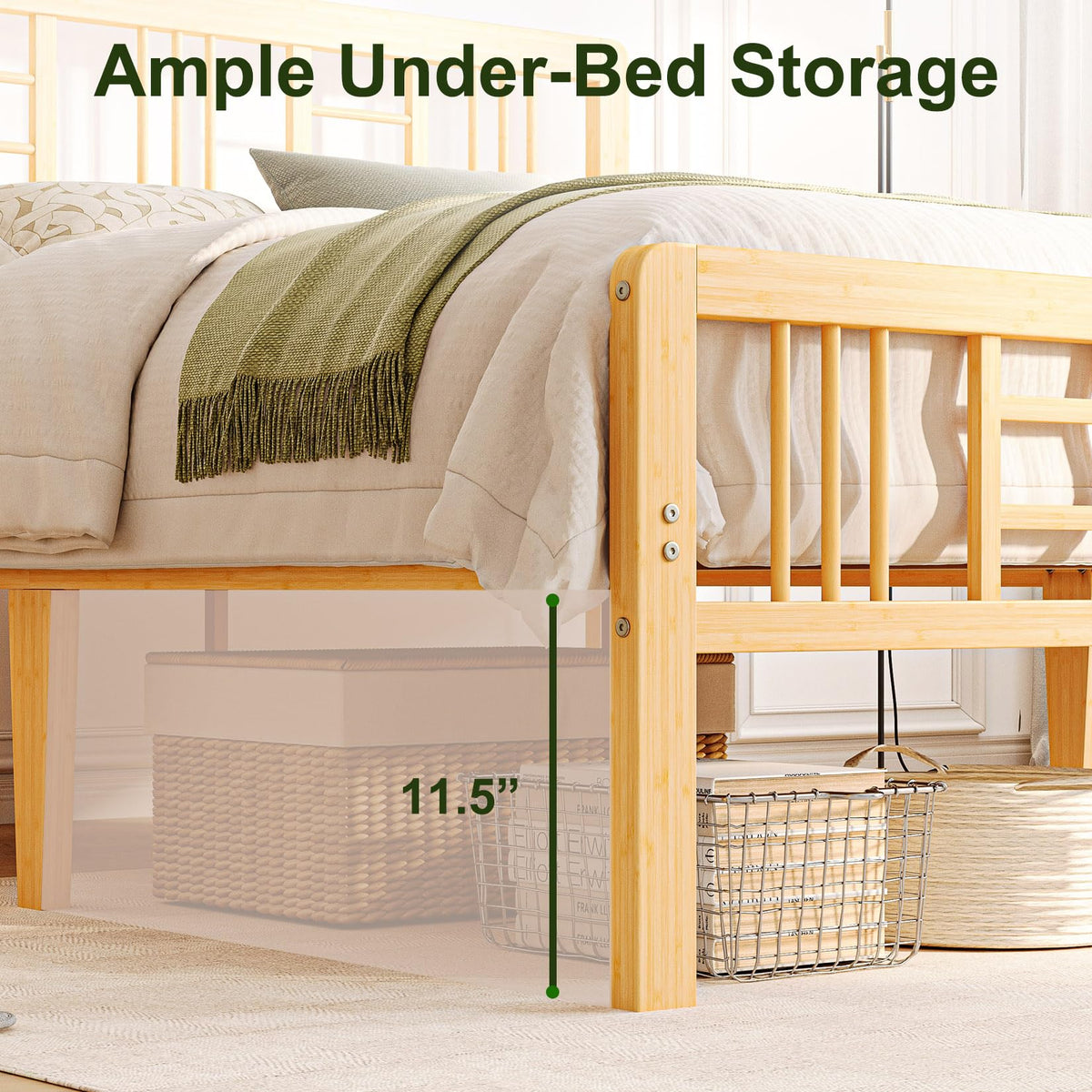14 Inch Solid Bamboo Wood Full Size Platform Bed Frame with Headboard I129