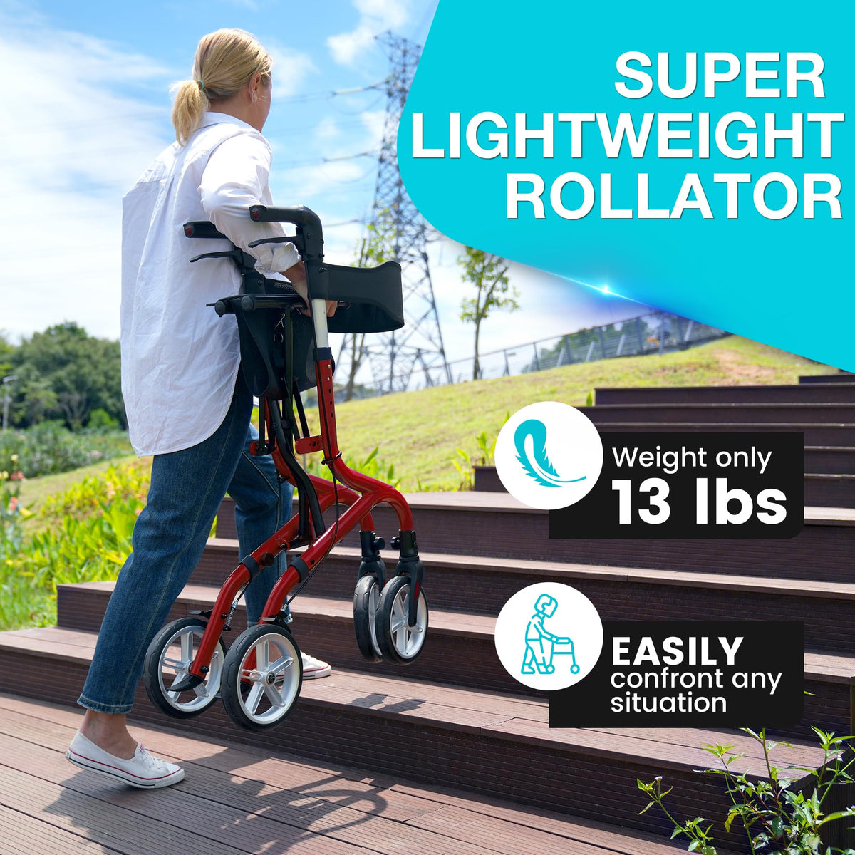 Lightweight Foldable Rollator Walker with Seat and 8" Rubber Wheels F947298