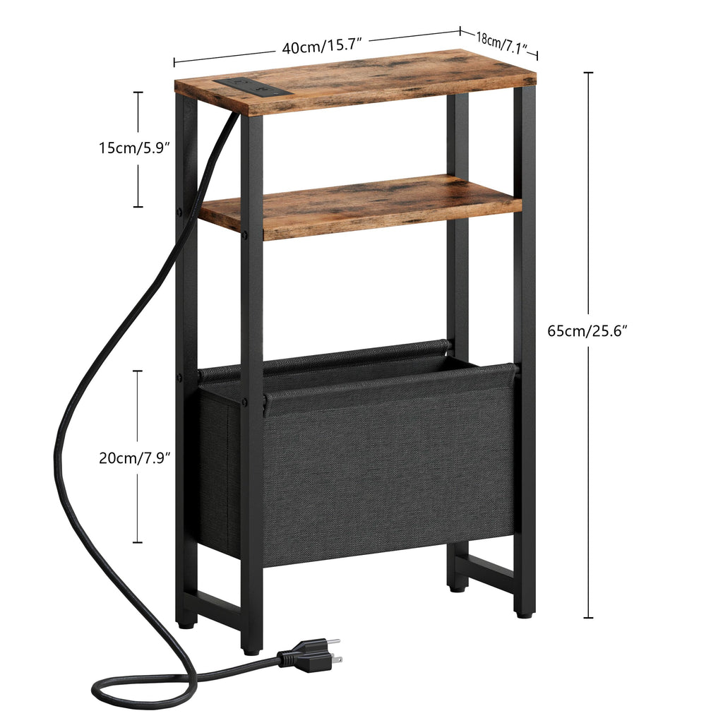 Narrow 3 Tier Side Table with Charging Station and Magazine Rack H298