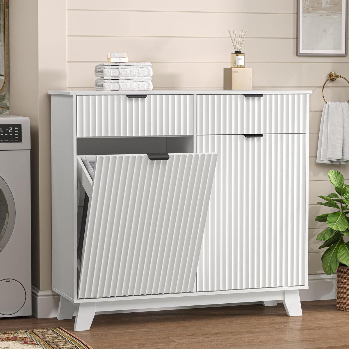 White 20 Gallon Double Tilt Out Laundry Hamper Cabinet with 2 Drawers C8460