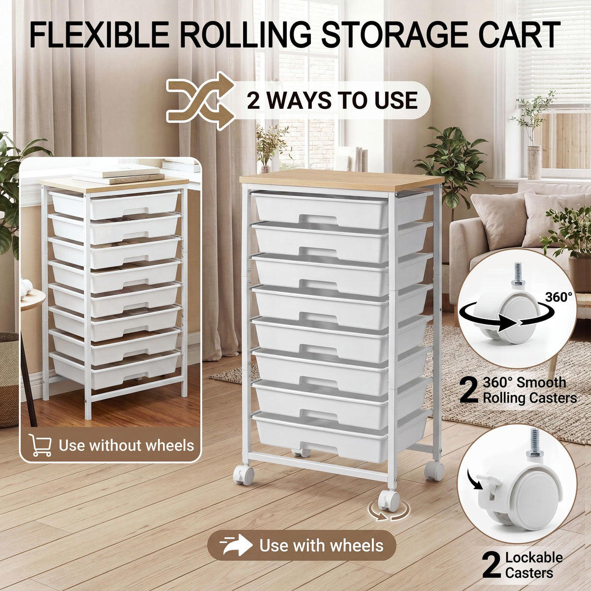 8 Drawer Rolling Storage Cart with Wooden Tabletop E595109