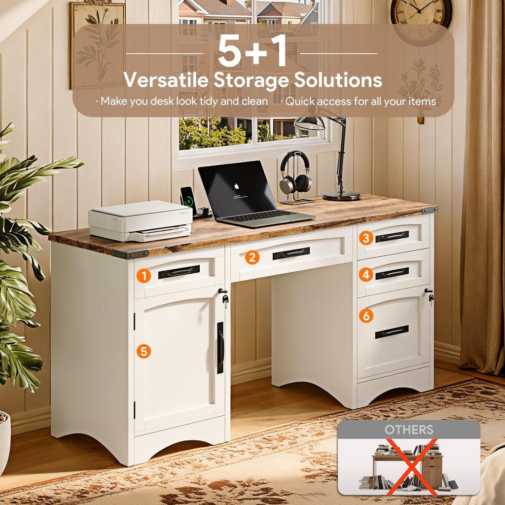 White Wood Executive Desk with Drawers and File Cabinet I817